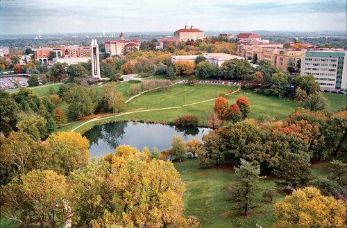 The University of Kansas' limestone buildings overlook Lawrence.