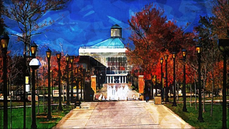 College of Staten Island, main walkway, lamp posts, fountain College of Staten Island, main walkway, lamp posts, fountain